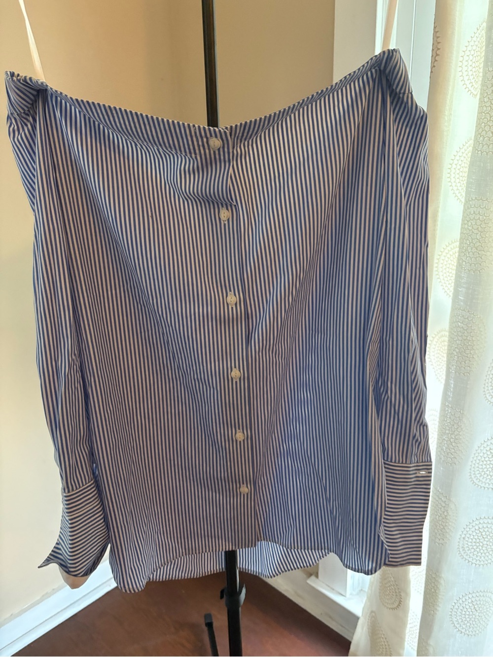 rag & bone Blue and White Striped Off-Shoulder Button-Down Top